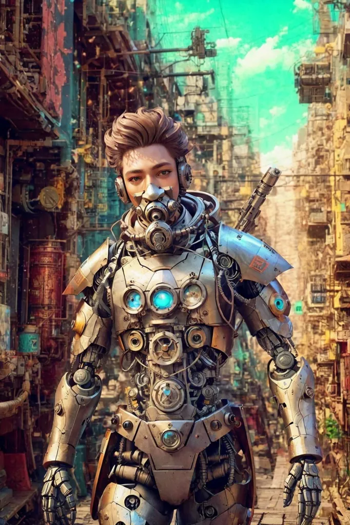 This is an image of a person in a futuristic setting. The person is wearing a mask and a suit of armor that covers their entire body. The armor is made of metal and has a lot of wires and tubes attached to it. The person is standing in a street that is lined with tall buildings. The buildings are made of metal and have a lot of graffiti on them. The sky is blue and there are some clouds in the distance.