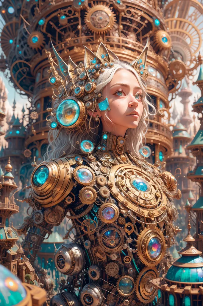 This image shows a steampunk woman. She is wearing a golden armor with blue gems. The armor has many gears and cogs. She is standing in a steampunk city. The city is full of tall buildings and machines.