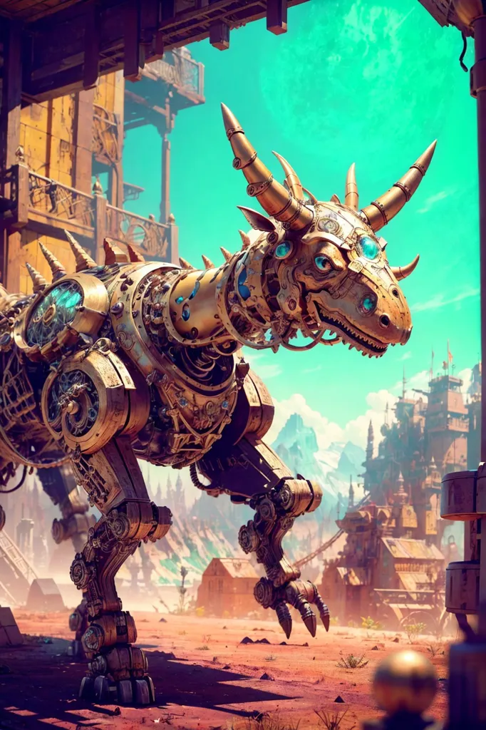 Gambar ini adalah dinosaurus steampunk. Dibuat dari logam dan memiliki banyak roda gigi dan paku keling. Berdiri di tengah gurun dan ada kota di latar belakang. Langit biru dengan beberapa awan.