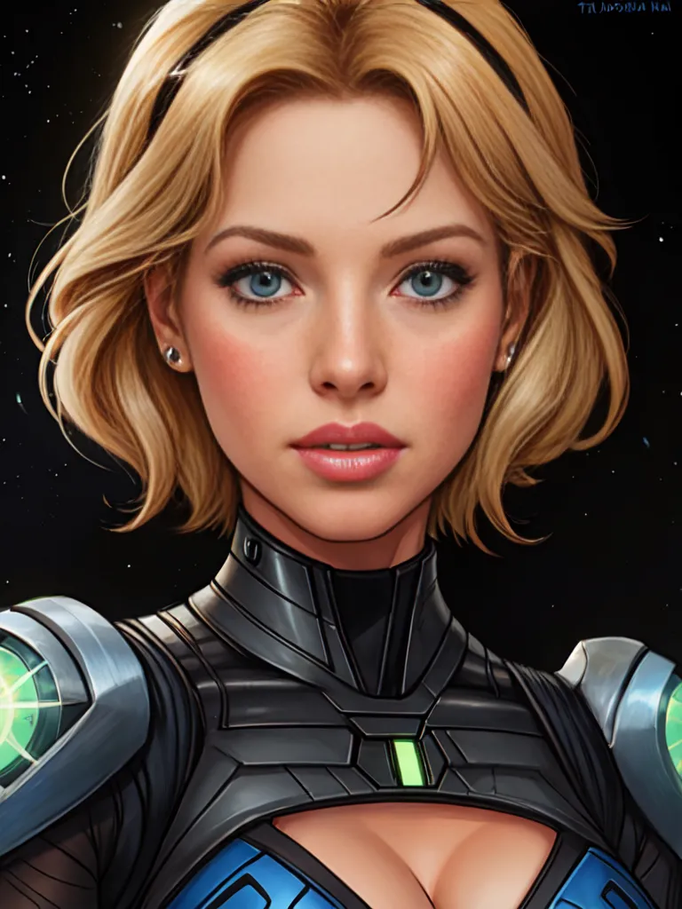 The image is a portrait of a beautiful young woman with short blonde hair and blue eyes. She is wearing a black and blue bodysuit with a high collar. The woman has a confident expression on her face and is looking directly at the viewer. The background of the image is a dark blue color with a few stars.