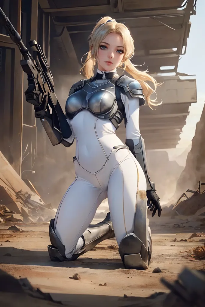 The image depicts a young woman with blonde hair and blue eyes wearing a white and silver bodysuit with futuristic armor. She is kneeling on one knee, with her right leg extended behind her. Her left hand is resting on her left thigh, while her right hand is holding a gun. She has a serious expression on her face. The background is a destroyed city.