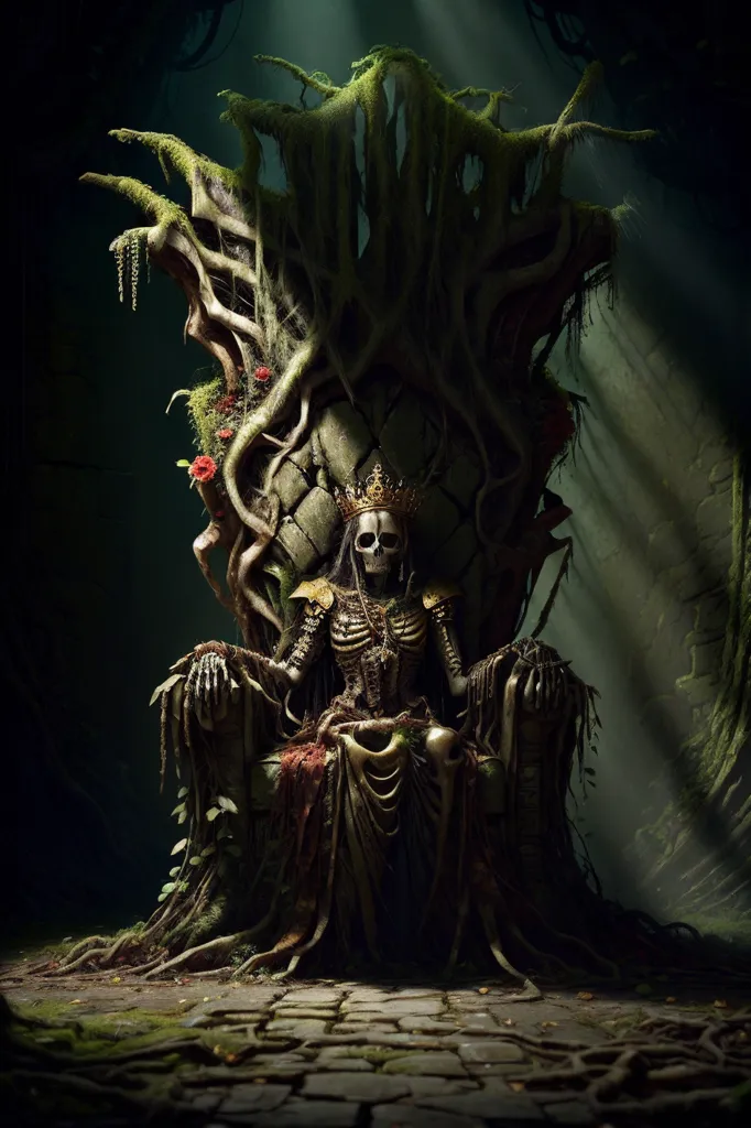 The image is a dark and mysterious forest. In the center of the forest is a large, skeletal figure sitting on a throne made of twisted branches and vines. The figure is wearing a crown and has a sword in its hand. The forest is full of strange and twisted trees, and the ground is covered in moss and leaves. There is a spotlight shining down on the skeletal figure.