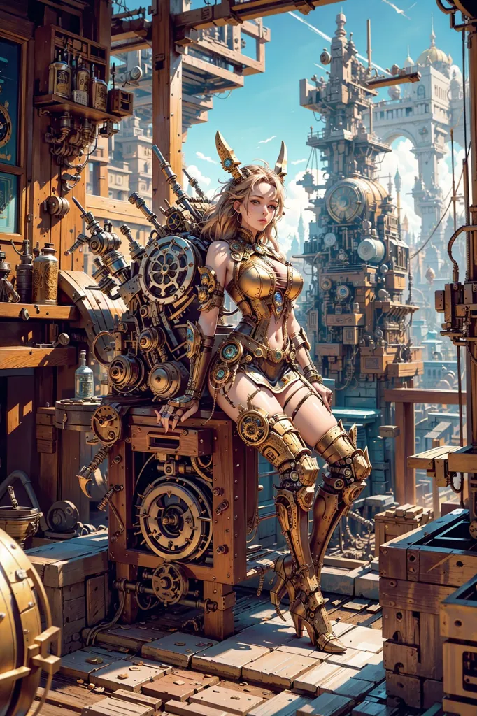 The image is a steampunk style illustration of a woman in a golden armor sitting on a steampunk style machine. She is wearing a golden breastplate, a golden skirt, and golden boots. She has a golden horn on her head and her hair is blonde. She is sitting on a large machine with many gears and cogs. There are many steampunk style buildings in the background. The sky is blue and there are some clouds in the sky.