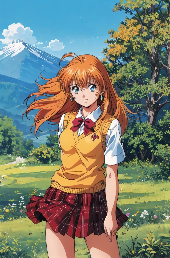 The image is of a young girl with long orange hair and blue eyes. She is wearing a yellow sweater vest, white blouse, and red plaid skirt. She is standing in a field of grass and flowers with a large tree to her right and a mountain in the distance. The sky is blue and there are white clouds. The image is in an anime style.