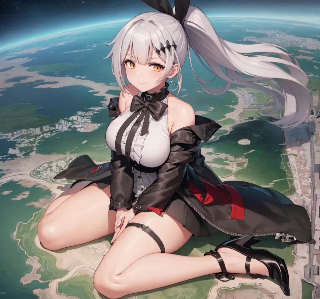 The image shows an anime-style girl with long white hair and yellow eyes. She is wearing a black and white dress with a red bow. She is sitting on a grassy plain with a city in the background. The sky is blue and there are some clouds. The girl is smiling and has a happy expression on her face.