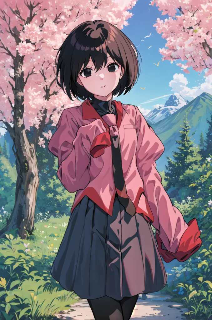 The image is of a young girl with short black hair and brown eyes. She is wearing a pink blazer, a white button-down shirt, and a gray skirt. She is standing in a forest with a large tree with pink blossoms behind her. There are also mountains in the distance. The girl is smiling and looks happy.