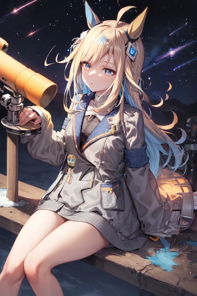 The image is of an anime girl with long blonde hair and blue eyes. She is wearing a gray jacket, a white skirt, and a yellow backpack. She is sitting on a wooden railing and looking through a telescope. There are stars and a shooting star in the night sky.