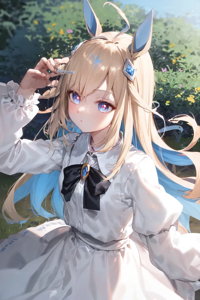 The image is a painting of a young girl with long blonde hair and blue eyes. She is wearing a white dress with a black bow. She is sitting in a field of flowers and holding a flower in her hand. She has rabbit ears and a tail.