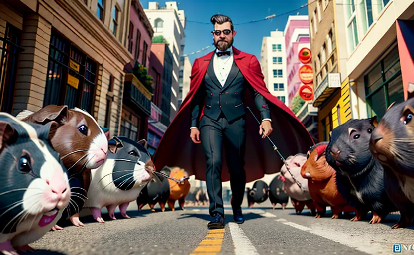 The image shows a man in a black suit and red cape walking down a city street. He has a beard and a cane. He is surrounded by guinea pigs. The guinea pigs are of different colors and sizes. They are all looking at the man. The man is looking forward. He has a determined expression on his face. The image is set in a city. There are buildings on either side of the street. The street is made of cobblestones. The sky is blue. There are clouds in the sky.