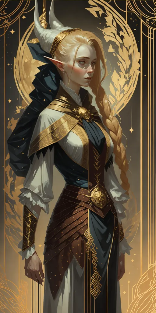 This is an image of a female elf. She has long blonde hair, gold eyes, and small horns protruding from her forehead. She is wearing a white and gold colored outfit with intricate designs. There is a symbol of a crescent moon on her chest. She is also wearing a brown belt with a gold buckle and brown and gold boots. She is standing in front of a gold-colored background with a crescent moon behind her head.