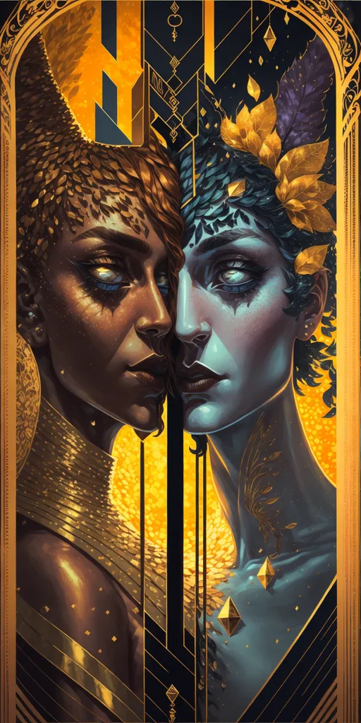 The image is a depiction of two women, one with dark skin and the other with fair skin. They are both wearing elaborate headdresses made of gold and leaves. The woman on the left has a warm golden glow around her, while the woman on the right has a cool blue glow. The background is a dark blue color, and the frame is a golden color.