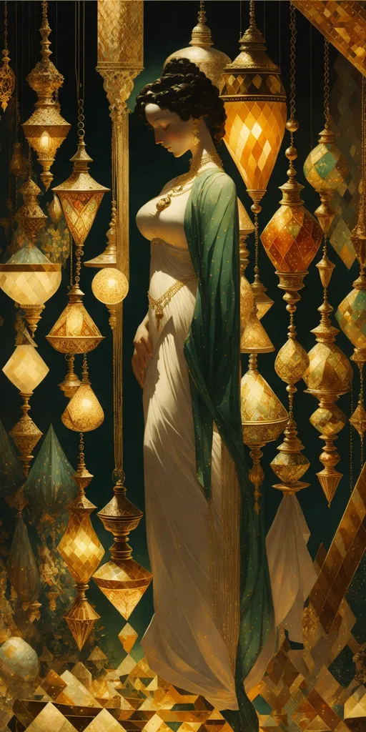 The image is a painting of a woman in a white dress with a green sash. She is standing in front of a dark green background with a golden pattern. There are also several golden lanterns hanging from the ceiling. The woman is looking down with her eyes closed. She is wearing a necklace and a bracelet. Her hair is dark and pulled back in a bun. The painting is in a realistic style and the colors are vibrant and saturated.