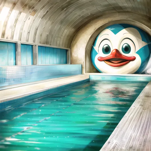 The image depicts an indoor swimming pool with blue water and a large cartoon penguin head at the end of the pool. The penguin has its mouth open and is smiling, and is surrounded by white tiles. The pool is surrounded by concrete walls and has a wooden deck around it. The walls are painted light blue and there are blue tiles on the bottom of the pool. The water is clear and reflects the light from the ceiling. There is a wooden door on the left side of the pool.