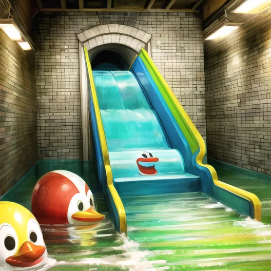 This is an image of a water slide in what appears to be an underground sewer. The water slide is blue and green and has a happy face on it. There are two yellow and red duck floats in the water at the bottom of the slide. The walls of the sewer are made of brick and there are lights on the ceiling.