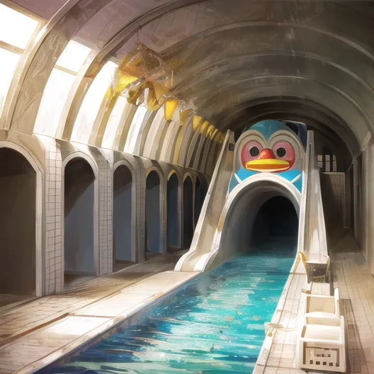 The image shows an abandoned water park. There is a large, blue slide in the foreground, with water still in it. The slide is in the shape of a duck, with a yellow beak and black eyes. The duck's mouth is open, and it looks like it is smiling. There are several other slides in the background, all of which are empty. The water park is in a state of disrepair, with the walls cracked and the paint peeling. The water is murky and green, and there is a feeling of neglect and decay.