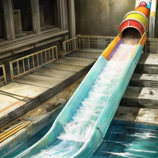 This is a digital painting of a water slide. The slide is made of blue and yellow fiberglass and is surrounded by concrete walls. There is a pool of water at the bottom of the slide. A person can be seen sliding down the slide. The person is wearing a red swimsuit. The water slide is located in an abandoned building. The building is made of brick and has large windows. The building is covered in graffiti.