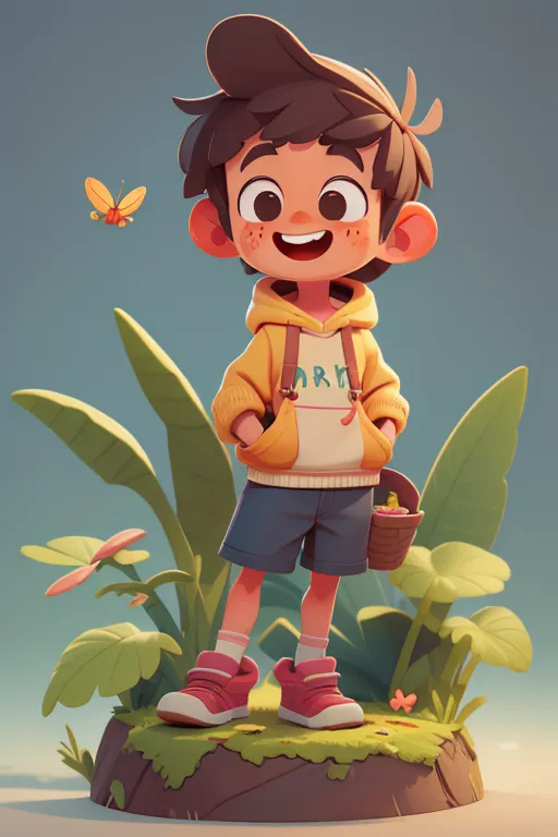 This is a picture of a boy. He is wearing a yellow and white shirt, blue shorts, and pink shoes. He has a brown bag hung over his shoulder. He is standing on a rock in the middle of some tall grass. There is a butterfly flying near his head. The background is mostly light blue with a gradient to white at the top.