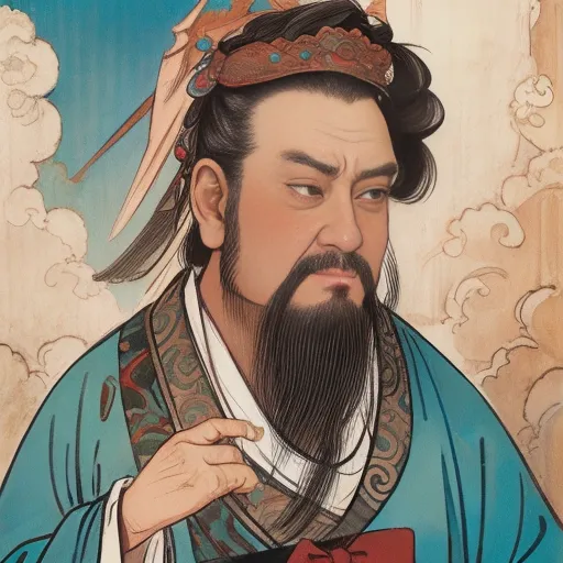 The image shows a portrait of a middle-aged man with dark hair and a long beard. He is wearing a blue robe with a red sash and a tall hat with a feather in it. He has a serious expression on his face and is looking at the viewer. The background of the image is a blue sky with clouds. The man is likely a member of the Chinese imperial court, possibly the emperor himself.