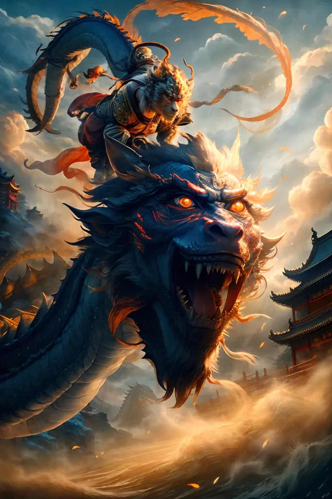 L'image représente un dragon bleu avec une crinière rouge et un roi singe monté sur son dos. Le dragon vole dans le ciel au-dessus d'un temple de style chinois. Le dragon a la bouche ouverte et crache du feu. Le roi singe tient un bâton dans sa main droite et porte une cape rouge. L'image est très détaillée et pleine de mouvement. Les couleurs sont également très vives.