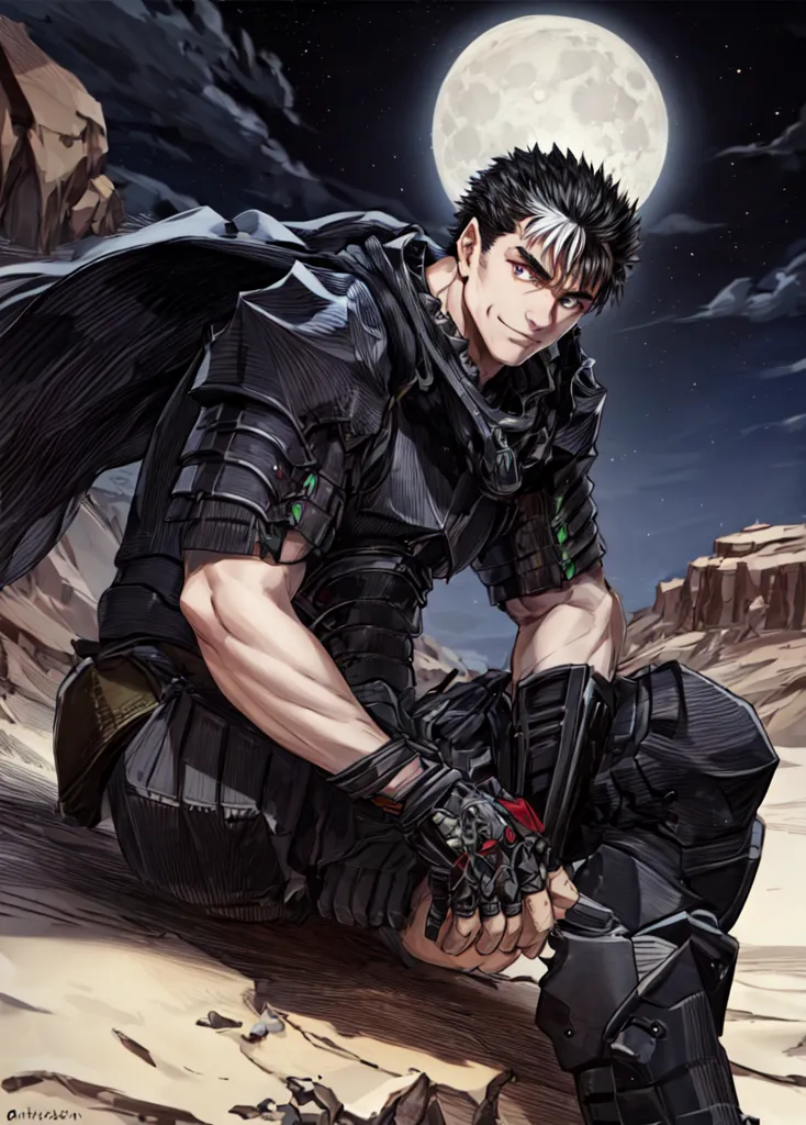 This is an image of a man sitting on a rock in the desert. He is wearing black armor and has a sword. The full moon is in the background, and there are mountains in the distance. The man has short black hair and green eyes. He is muscular and has a scar on his face. He is sitting with his right leg crossed over his left and his hands resting on his knee. He has a confident expression on his face.