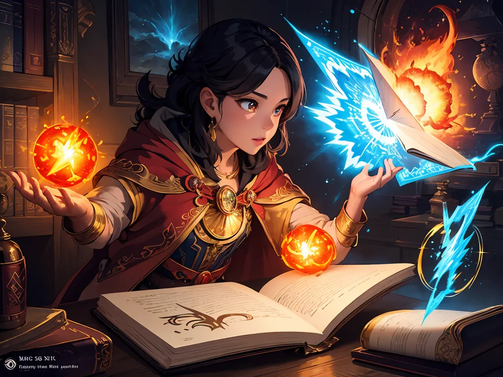 The image is of a young woman standing in a library. She is wearing a red and gold robe and has long brown hair. She is holding a book in her left hand and is casting a spell with her right hand. There are two fireballs floating in the air around her, and a blue magic symbol is glowing in front of her. The background is a dark wood bookshelf with a fireplace.