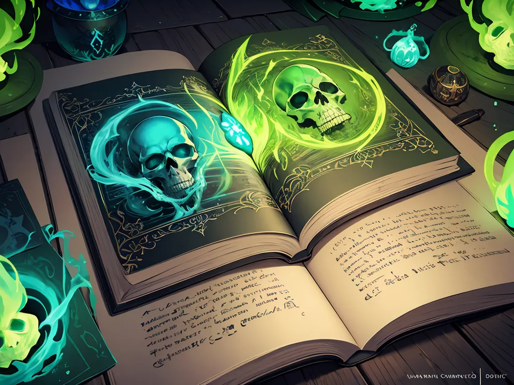 The image is of an open book with a skull on each page. The book is laying on a wooden table. The pages of the book are illuminated with a green light, and the skulls are glowing.