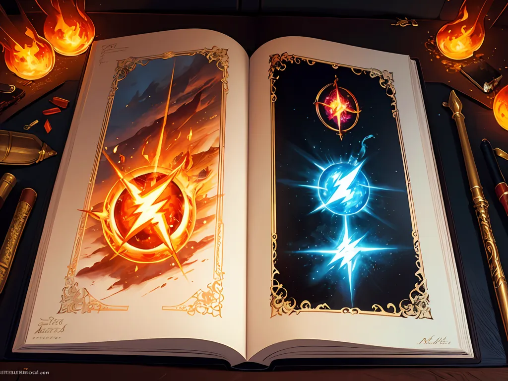 The image is of a book opened to a page with two illustrations. The illustrations are of magical symbols, one on the left page and one on the right page. The symbol on the left is a fiery, orange sphere with lightning bolts emanating from it. The symbol on the right is a blue, glowing orb with lightning bolts. The book is open on a wooden table. There are two candlesticks on the table, one on each side of the book. The candlesticks are made of gold and have flames coming out of them. There is a quill pen on the left side of the book and an inkwell on the right side of the book.