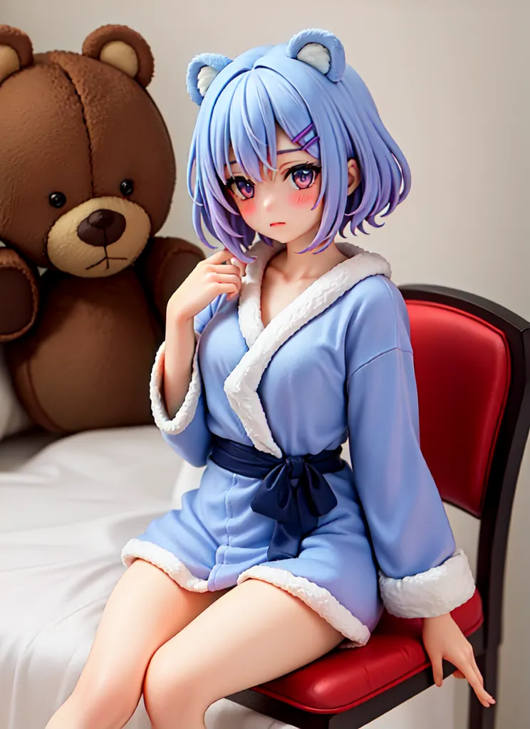 The image shows a figure of a young woman with blue hair and purple eyes. She is wearing a blue bathrobe with a white collar and cuffs. The bathrobe is tied with a blue sash. She is also wearing a pair of white slippers. The woman is sitting on a red chair, with a large brown teddy bear sitting behind her on the bed. The woman has a shy expression on her face and is looking to the side.