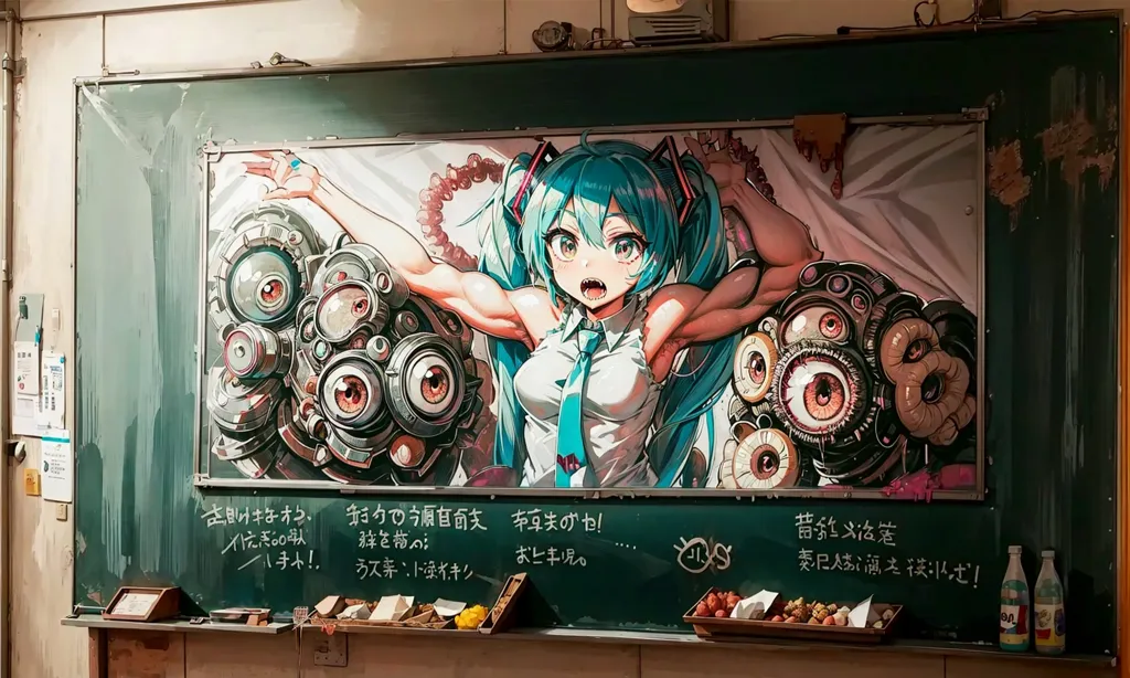 The image is a painting of a muscular anime girl with long blue hair. She is wearing a white shirt and a blue tie. She has her arms outstretched and there are two large eyes on each arm. There are also several smaller eyes on her arms. The background is a chalkboard with some Japanese writing on it.