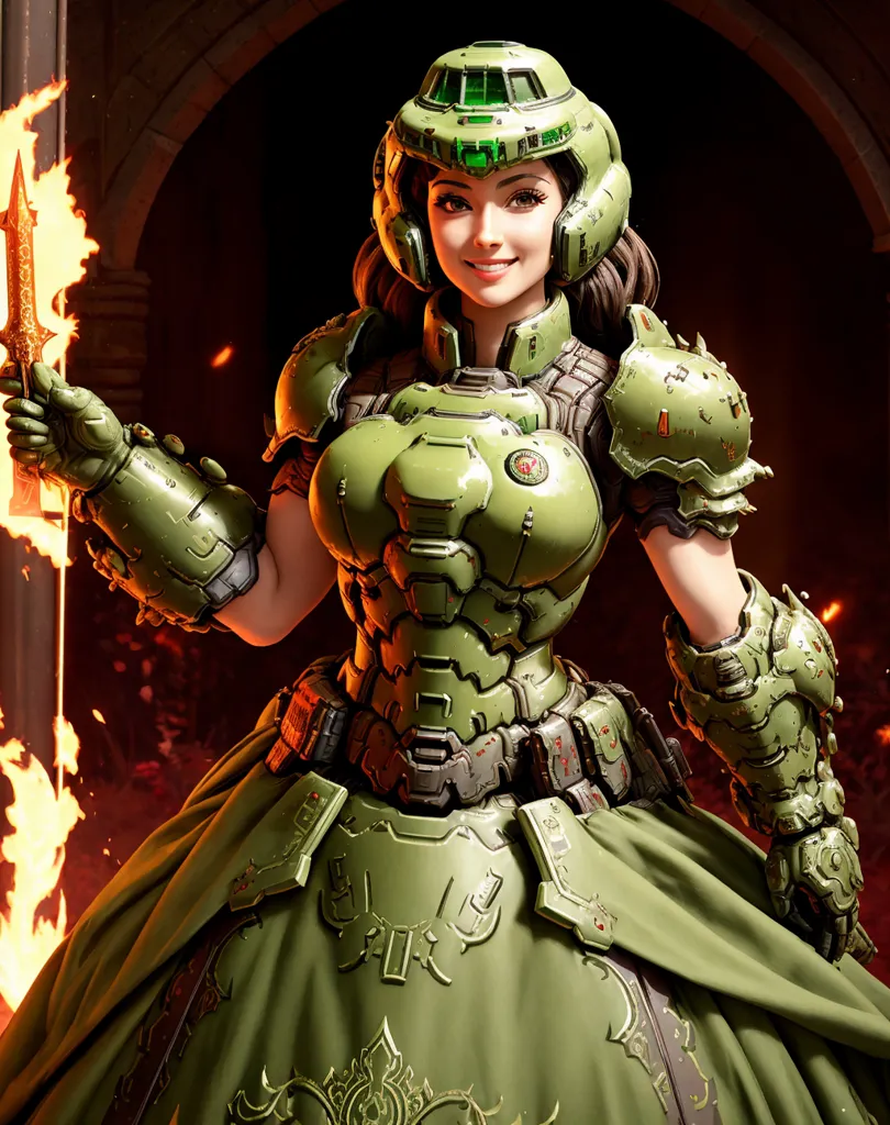 The image shows a woman wearing a green and brown armor. The armor has a green visor and a brown skirt. The woman is also wearing a green dress. She is holding a large sword in her right hand. There are flames in the background.