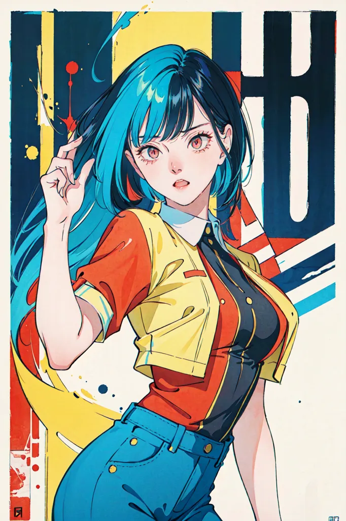 The image contains a young woman with a confident expression on her face. She is wearing a yellow and red jacket, blue jeans, and a red shirt. Her blue and black hair is flowing behind her head. The background is composed of various bright colors and shapes. The overall style of the image is anime-inspired, with a focus on vibrant colors and dynamic poses.