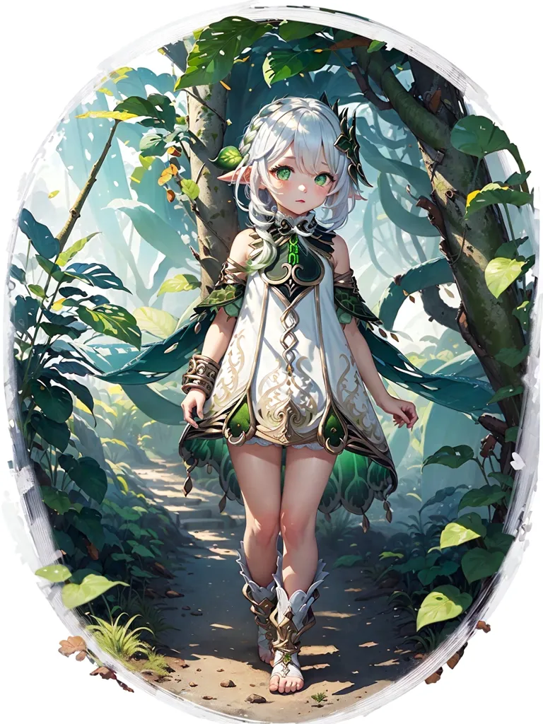 The image is a painting of a young girl with white hair and green eyes. She is wearing a white and green dress with a green cape. She is standing in a forest, and there are trees and leaves all around her. The girl is looking at the viewer with a shy expression on her face.