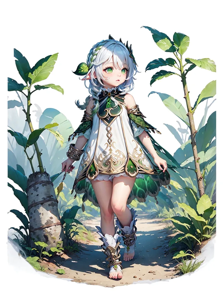 Cette image montre un personnage de style anime avec une peau pâle, des cheveux blancs et des yeux verts. Elle porte une robe verte et blanche avec un motif de feuille et une paire de bottes blanches. Elle porte également un collier avec une pierre verte au centre. Le personnage se tient dans une forêt verdoyante, et il y a plusieurs grandes plantes et arbres derrière elle.