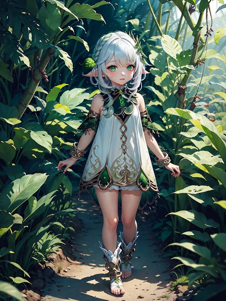 The image is a depiction of a young girl with white hair and green eyes. She is wearing a white and green dress with a leaf-like pattern and has elf-like ears. She is standing in a lush green forest, surrounded by tall grass and leaves. The girl's expression is one of wonder and curiosity, as she seems to be taking in the beauty of her surroundings. The image is drawn in a realistic style, with soft shading and attention to detail.