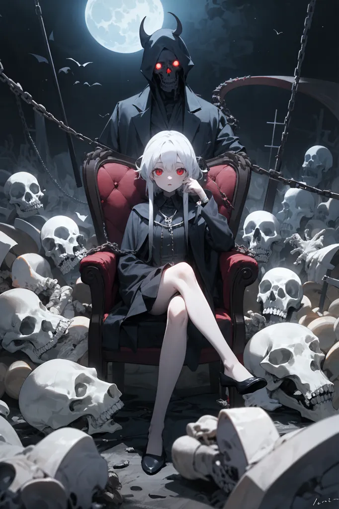 The image is a dark and moody painting of a young woman sitting on a throne made of bones. The woman is dressed in a black dress with a white collar and has long white hair. She is looking at the viewer with a cold expression in her red eyes. Behind the woman, a dark figure is standing in the shadows. The figure is wearing a black coat and a hat and has a skull for a head. It is unclear what the figure is, but it is likely a demon or other evil creature. The painting is full of symbolism, and it is likely that the woman and the figure represent different aspects of the human psyche. The woman may represent the conscious mind, while the figure may represent the unconscious mind. The painting is a reminder that there is a dark side to human nature, and that we must be careful not to let it consume us.