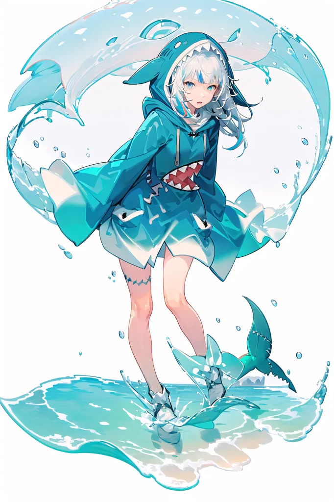 The image is of a girl with white hair and blue eyes. She is wearing a blue and white shark hoodie and a white skirt. She is standing in a pool of water, and there is a shark fin in the water behind her. The girl is smiling and has her arms outstretched.