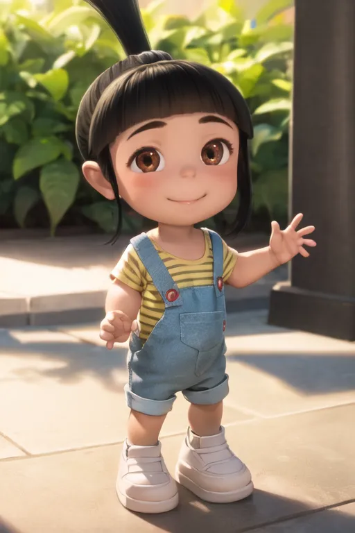 The image shows a young girl with black hair and brown eyes. She is wearing a yellow shirt, blue overalls, and white shoes. She has a ponytail and is smiling with her left hand raised in the air. She is standing in a garden with green plants in the background.