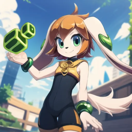 The image shows an anime-style rabbit girl with orange hair and green eyes. She is wearing a black and yellow bodysuit and has green bracelets on her wrists. She is standing in a city and there are buildings and a blue sky with clouds in the background. She has a small green cube floating in her hand.