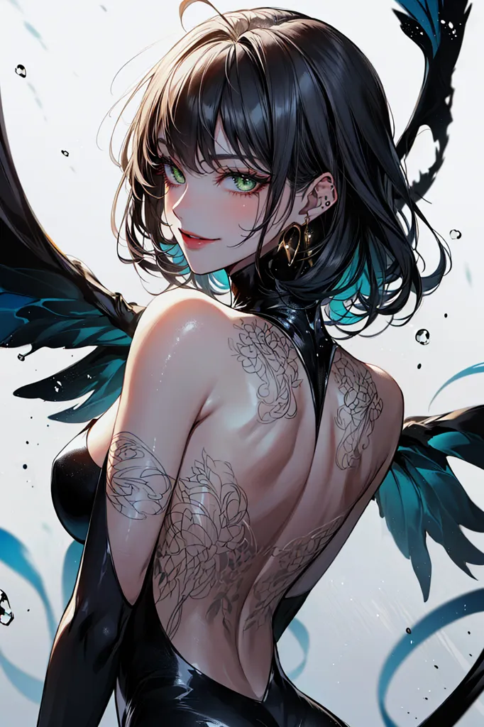 The image is of a beautiful woman with long black hair, green eyes, and a tattoo on her back. She is wearing a black dress with a high collar and has black wings. She is smiling and looking at the viewer. The background is white with a few blue and green splashes.