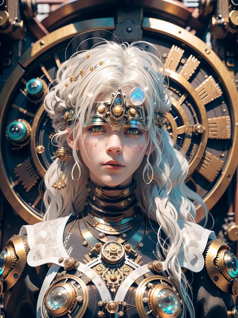 La imagen es un retrato de una hermosa mujer con el cabello blanco largo. Ella está usando un atuendo de estilo steampunk con un corpiño de metal y un gran tocado con forma de engranaje. Sus ojos son de un color azul profundo y tiene una expresión serena en su rostro. El fondo de la imagen es un desenfoque de engranajes y maquinaria.