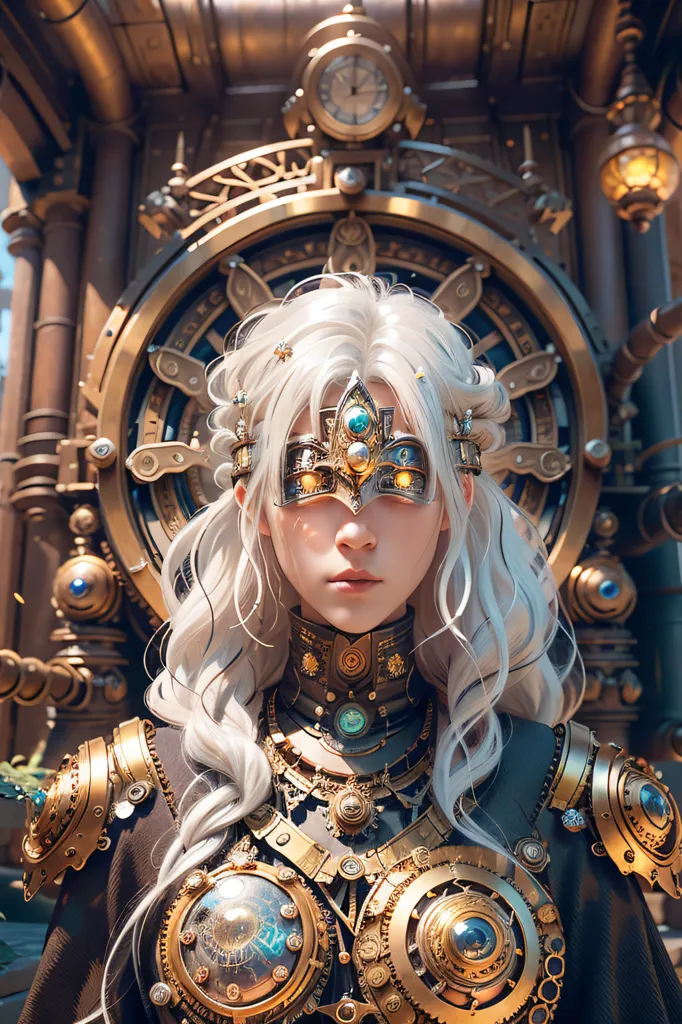 Esta es una imagen de una mujer steampunk. Ella está usando un atuendo steampunk marrón y dorado con un tocado blanco y dorado. Tiene el cabello largo y blanco y ojos verdes. Está de pie frente a un gran reloj steampunk.