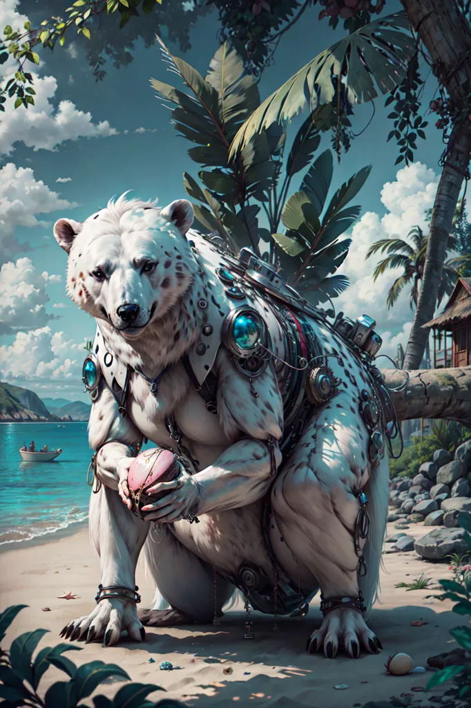 The image is a digital painting of a polar bear. It is standing on a beach, with a small boat in the background. The bear is wearing a necklace and has a robotic arm. The bear is holding a heart in its paw. The background is a jungle, with palm trees and mountains. The image is very detailed, and the fur on the bear is especially well-rendered.