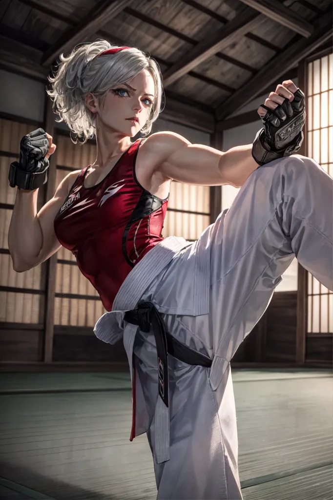 The image depicts a young woman in a red tank top and white karate pants. She has her hair in a ponytail and is wearing a black belt. She is standing in a fighting stance, with her left leg raised and her right leg planted on the ground. Her arms are extended in front of her, with her left hand in a fist and her right hand open. She has a determined look on her face, looking at the opponent in front of her. The background is a traditional dojo, with wooden walls and a tatami mat floor.