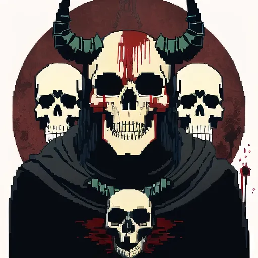 This is a pixel art image of a skull with horns. The skull is in the center of the image and is surrounded by four smaller skulls. The large skull has a red cross painted on its forehead and two horns protruding from the top of its head. The four smaller skulls are arranged around the large skull in a circular pattern. The background of the image is a dark red color.