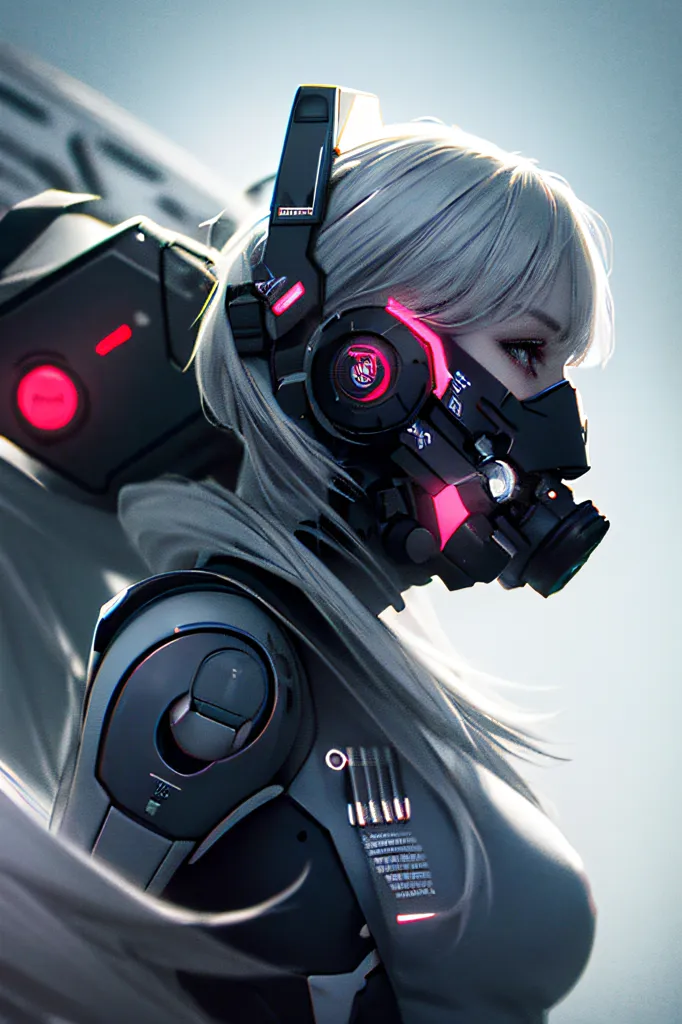 The image is a portrait of a young woman. She has white hair and red eyes. She is wearing a black and red gas mask and a pair of headphones. There is a glowing red circle on each side of her headphones. She is also wearing a black and white bodysuit. The background is a light gray.