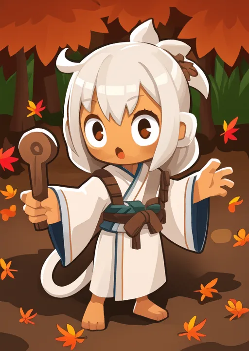 The image shows a small, white monkey with a leaf on its head. It is wearing a white robe with a green belt. It is holding a wooden staff in its right hand. It is standing in a forest of red and orange trees. The ground is covered with fallen leaves. The monkey is looking at the viewer with a surprised expression on its face.