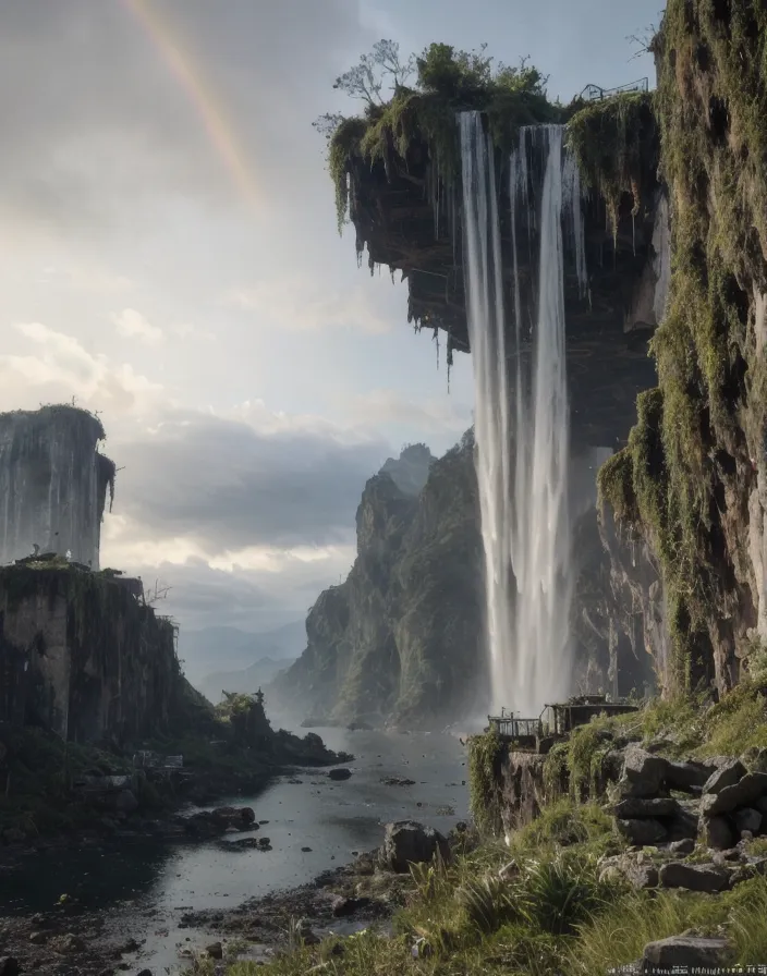 The image is a beautiful landscape of a waterfall in a valley. The waterfall is surrounded by a lush green jungle, with bright flowers and plants growing on the cliffs. The water is crystal clear and blue-green, and it falls from a great height, creating a powerful and mesmerizing scene. There is a rainbow in the background. The sky is blue and cloudy. The waterfall is in the center of the image, and it is flanked by two large cliffs. There is a small waterfall on the left side of the image, and there are some ruins on the right side. The image is full of vibrant colors and lush vegetation, and it is a beautiful and awe-inspiring sight.