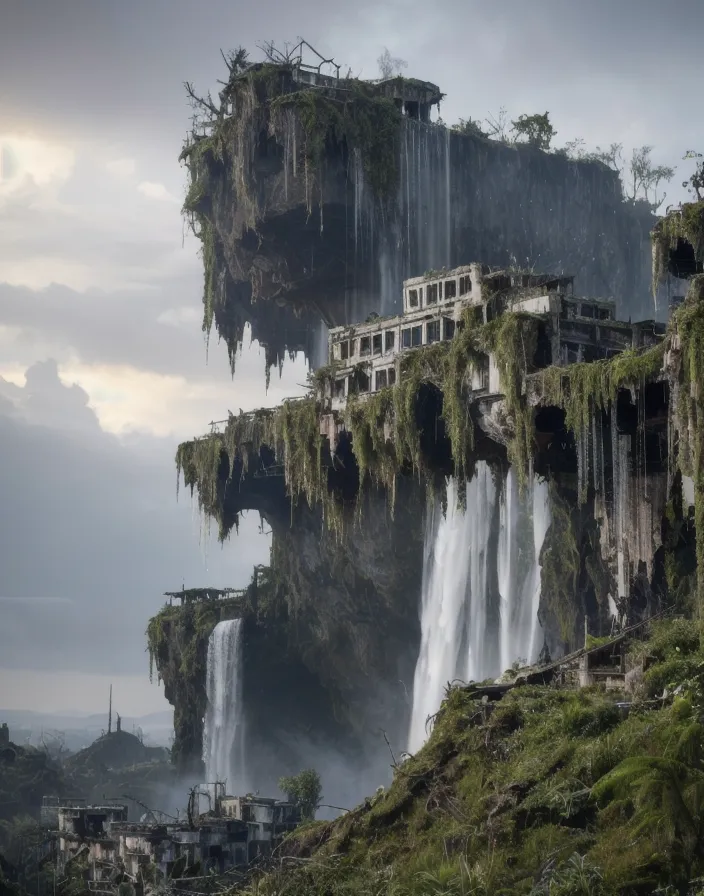 La imagen es un paisaje post-apocalíptico. Una ciudad ha sido abandonada y ahora está en ruinas. Los edificios están cubiertos de vegetación y las calles están llenas de escombros. Una cascada fluye por el costado de un acantilado y el cielo está oscuro y nublado. La imagen es a la vez hermosa y espeluznante, y evoca una sensación de asombro y admiración.