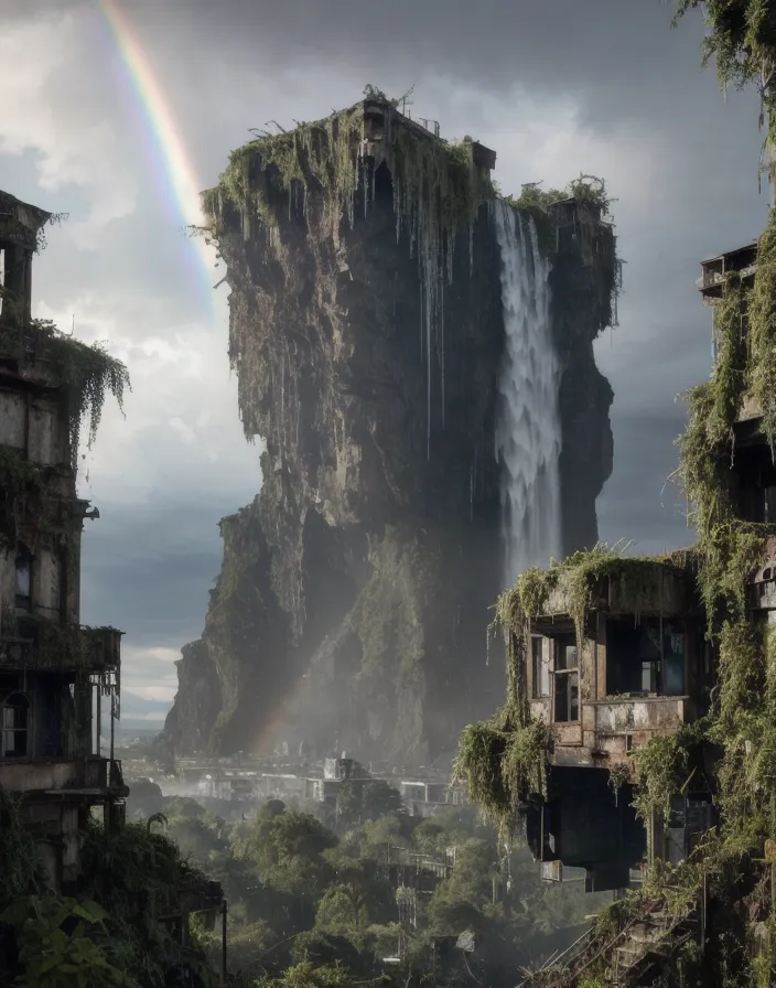 The image shows a large, overgrown waterfall in the middle of a city. The waterfall is surrounded by tall buildings, many of which are in ruins. The city is in disrepair, with many of the buildings abandoned and overgrown with vegetation. There is a rainbow in the background.