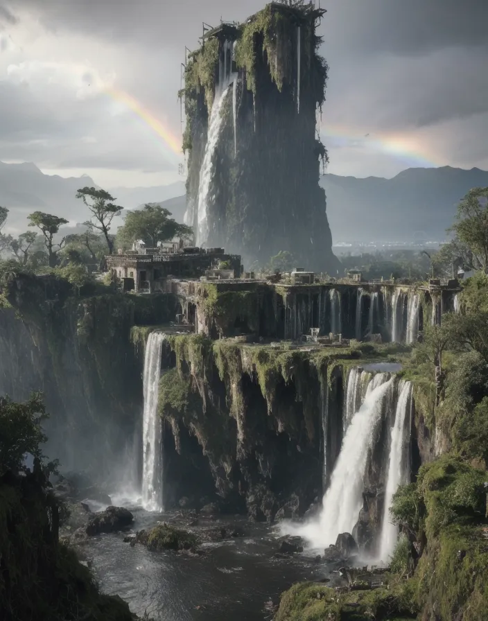 The image is a digital painting of a waterfall. The waterfall is very tall and wide, and it is surrounded by a lush green jungle. The water is white and foamy, and it crashes down into a pool of water below with a rainbow in the background. The waterfall is in the middle of a valley, and there are mountains in the background. The sky is blue and cloudy, and the sun is shining brightly. There is a temple on top of the waterfall. The temple is made of gray stone, and it has a large door in the front. There are trees growing around the temple, and there is a path leading up to the door.